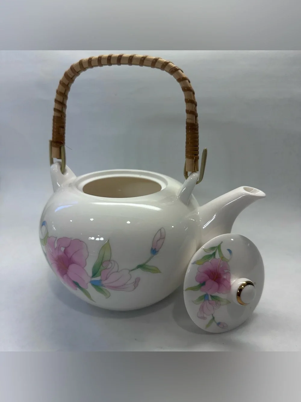 Vintage Price Products Teapot Floral Bamboo Handle Japan Hidden Chip on Rim